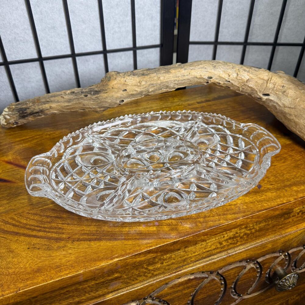 Vintage Cut Crystal Divided Serving Tray Mid Century Platter Condiment Dish